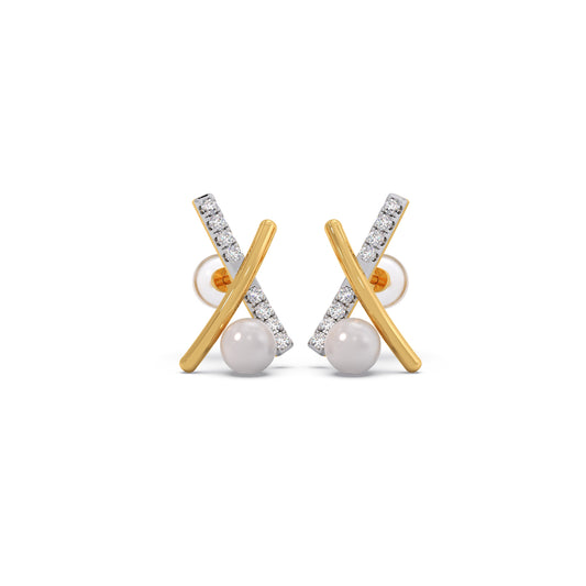 Crisscross Pearl Diamond Stud Earrings - Yellow