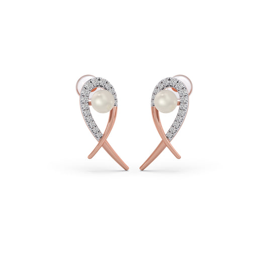 Ribbon Diamond Pearl Stud Earrings - Rose