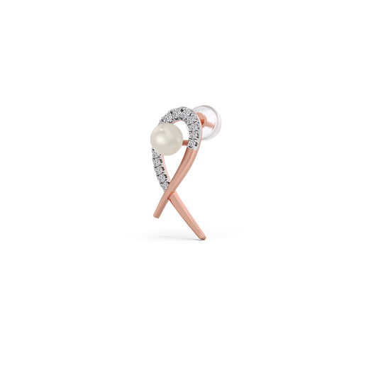 Ribbon Diamond Pearl Stud Earrings - Rose