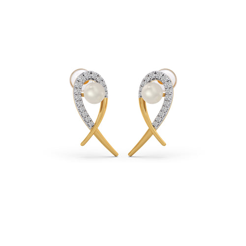Ribbon Diamond Pearl Stud Earrings