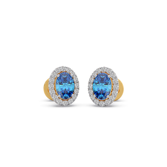 Oval Gem Halo Diamond Stud Earrings - Yellow