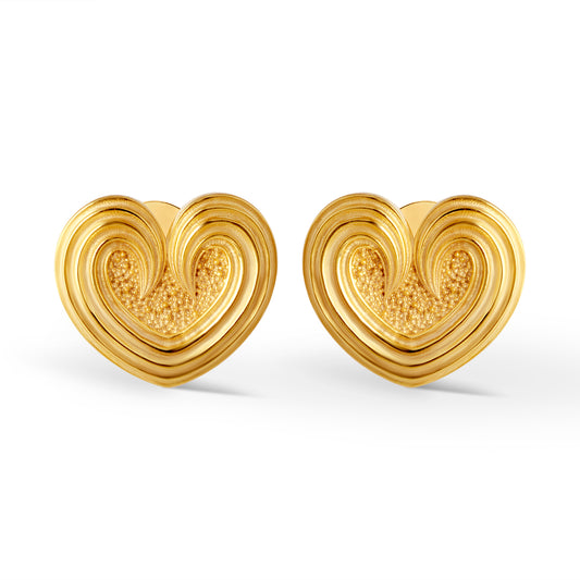 Rippled Heart Plain Gold Stud Earrings - Yellow