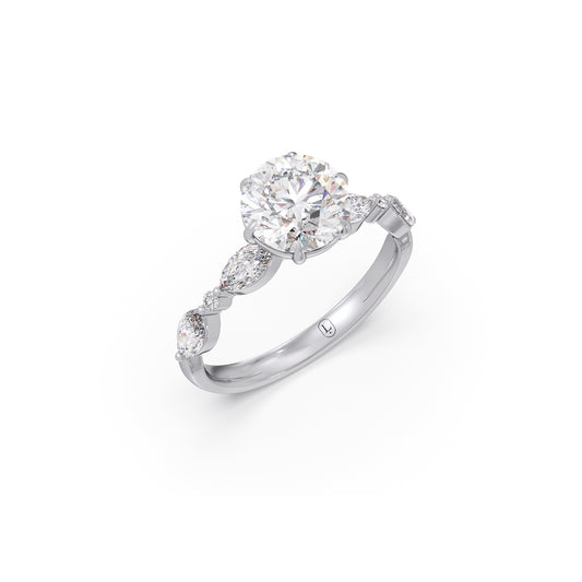 Round Cut with Side Diamonds Accent Engagement Ring - White