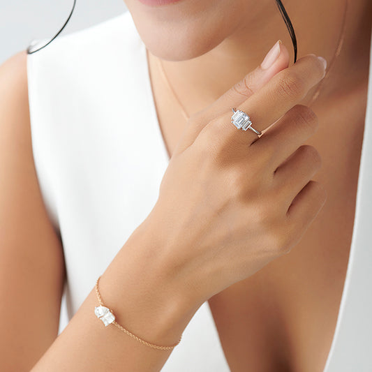 Emerald Cut with Side Baguette Three Stone Engagement Ring - MQ