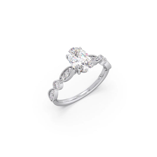Vintage Milgrain Style Oval Shape Diamond Engagement Ring - White