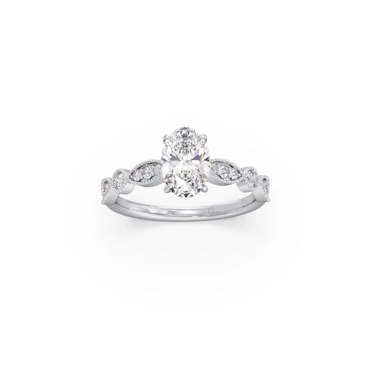 Vintage Milgrain Style Oval Shape Diamond Engagement Ring - White