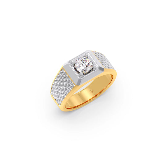 Round Diamond Two tone Men's Solitaire textured Ring - Yellow