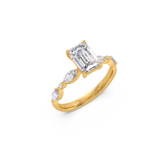 Emerald Cut with Side Diamonds Accent Engagement Ring - Yellow