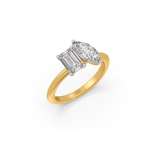 Marquise and Emerald Toi et Moi Engagement Ring - Yellow