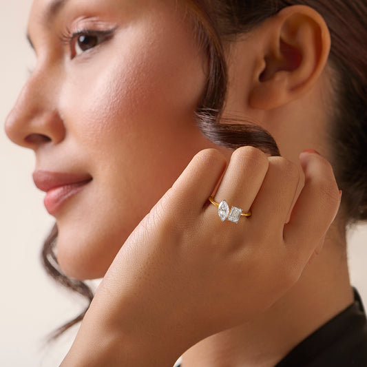 Marquise and Emerald Toi et Moi Engagement Ring - MQ
