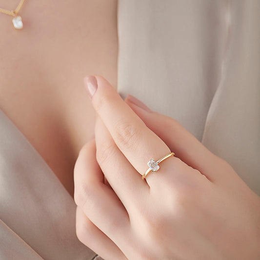 Half Bezel Set Frost Emerald Cut Solitaire Ring - MQ