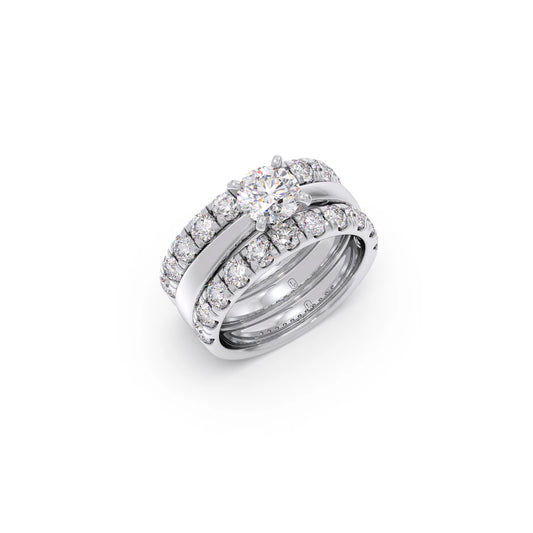 Round Solitaire Diamond Bridal Set with Accented Band - White