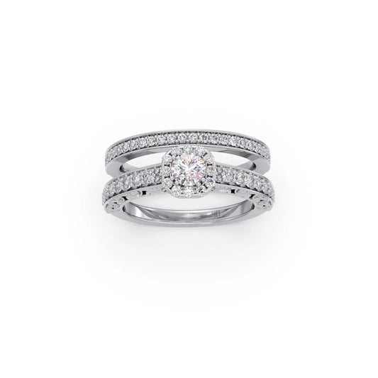 Round Solitaire Diamond Stackable Ring with Side Diamonds - White