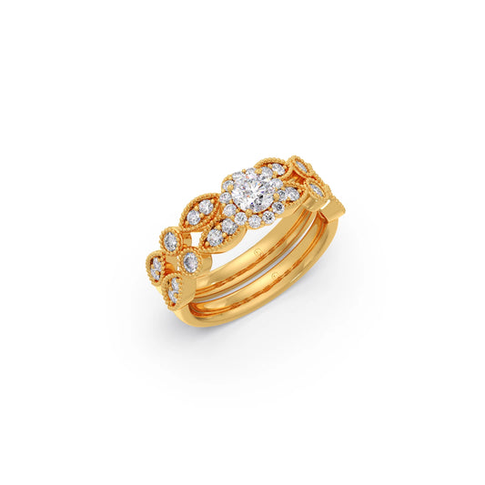 Round Solitaire with Floral Diamond Accent Stackable Ring Set - Yellow