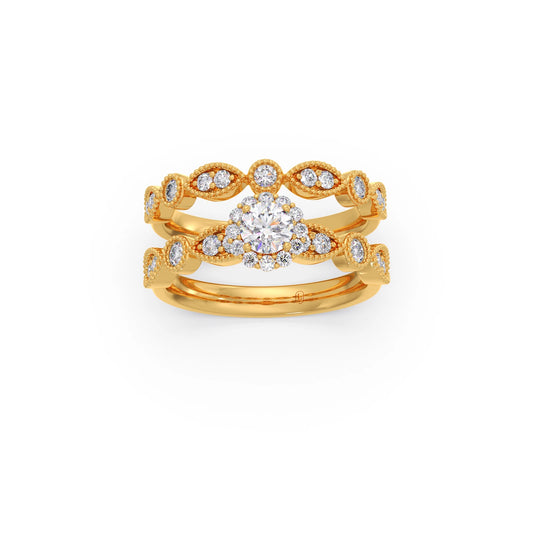 Round Solitaire with Floral Diamond Accent Stackable Ring Set - Yellow