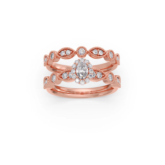 Oval Solitaire with Round Diamond Leaf Accents Stackable Ring - Rose