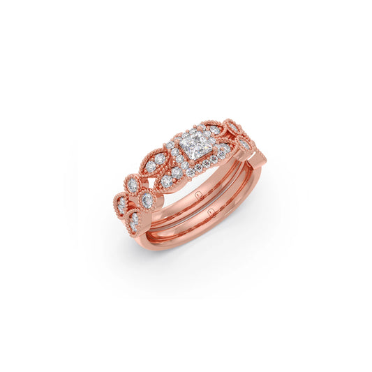 Princess Solitaire with Round Diamond Cluster Stackable Ring - Rose