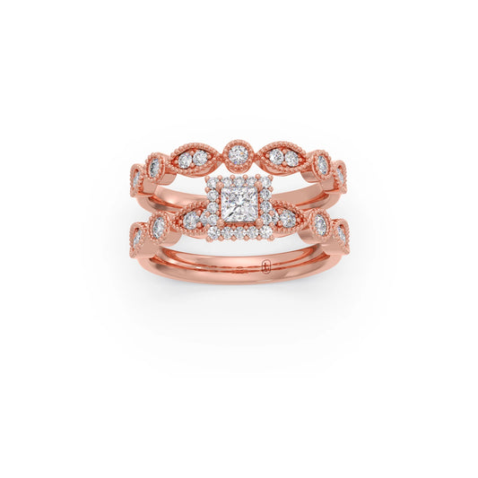Princess Solitaire with Round Diamond Cluster Stackable Ring - Rose