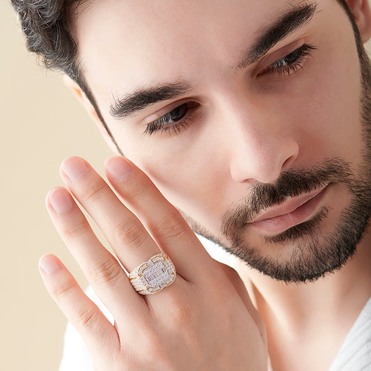 Baguette Center with Round Diamond Cluster Men's Ring - MQ
