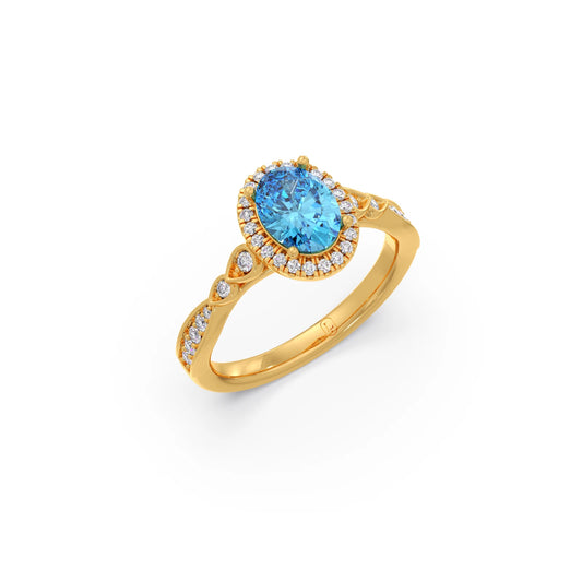 Oval Blue Gemstone and Round Diamond Halo Ring - Yellow
