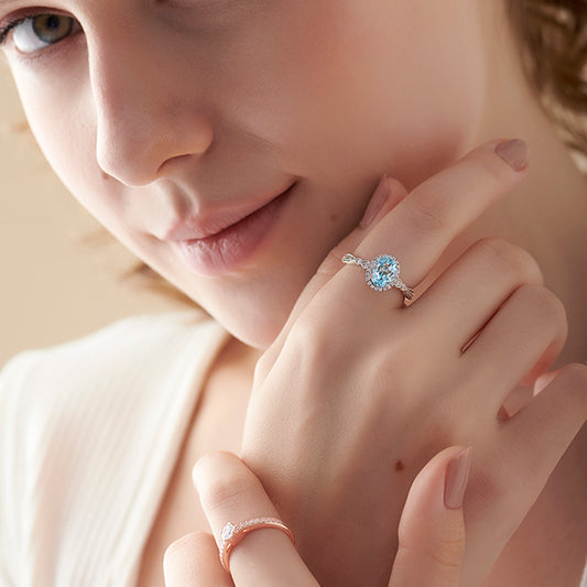 Oval Blue Gemstone and Round Diamond Halo Ring - MQ