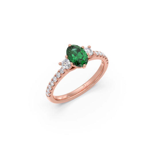 Green Gemstone and Round Diamond Trilogy Ring - Rose