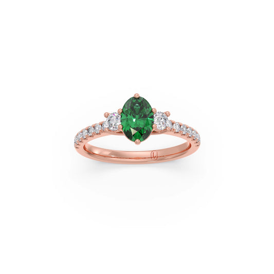 Green Gemstone and Round Diamond Trilogy Ring - Rose