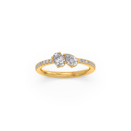 Pear and Oval Diamond with Side Round Diamonds Ring - Yellow