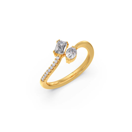 0.52ct Emerald,Oval & Round Shape Diamond Toi et Moi Ring - Yellow