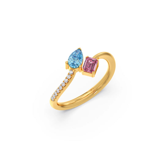 Blue And Pink Gemstone & Diamond Toi et Moi Ring - Yellow