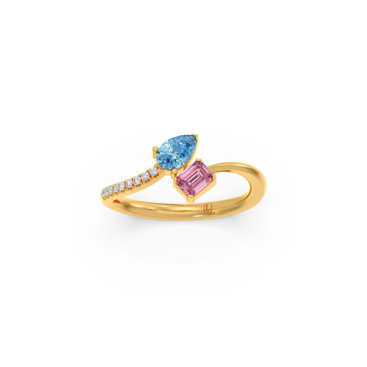 Blue And Pink Gemstone & Diamond Toi et Moi Ring - Yellow