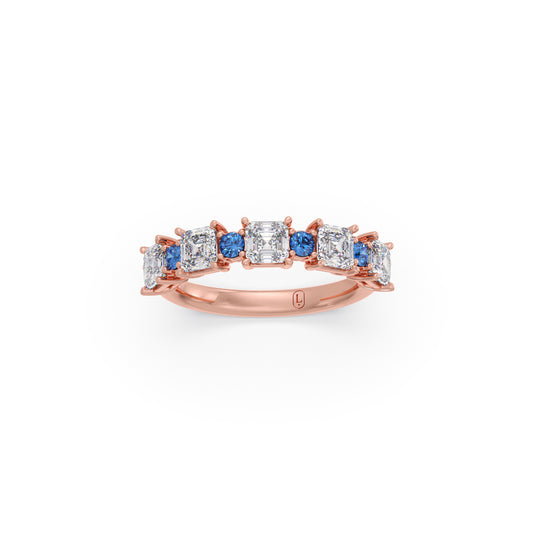 Asscher Cut Diamond & Blue Gemstone Ring - Rose