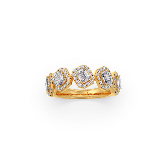 Emerald Cut Diamond Ring with Round Halos - Yellow