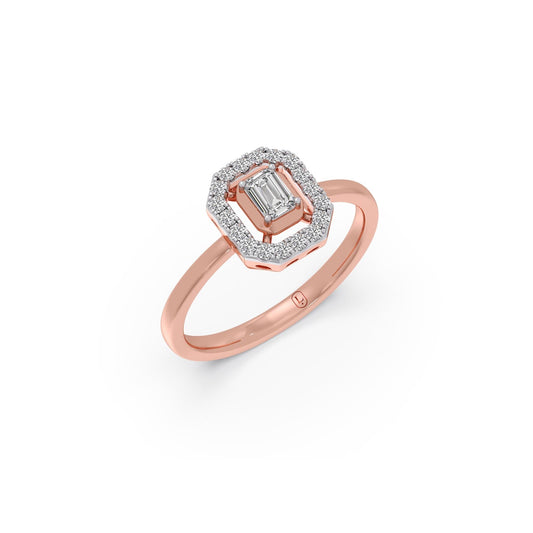 Octagonal Emerald & Round Diamond Halo Ring - Rose