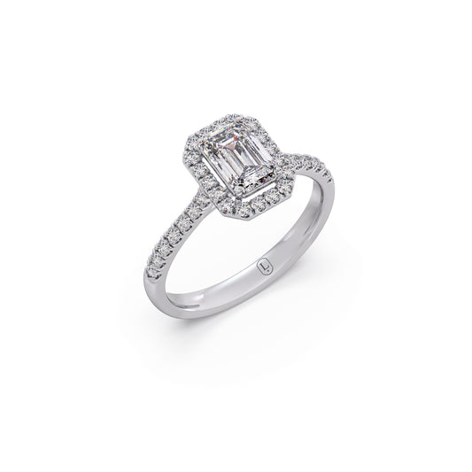 1 cts Emerald Solitaire and Round Diamond Regal Ring - White