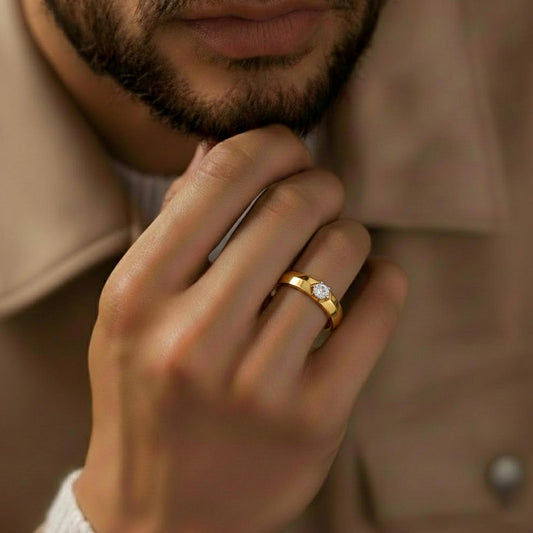 Golden Solitaire Diamond Mens Ring - MH
