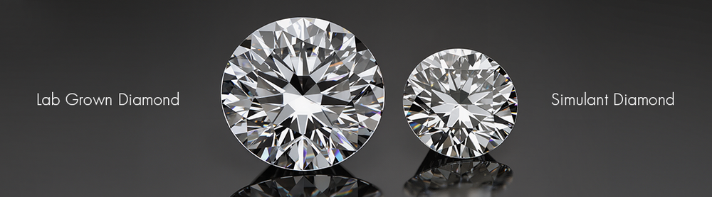 Two diamonds, one labeled 'Lab Grown Diamond' and the other 'Simulant Diamond', on a reflective surface with a dark background.