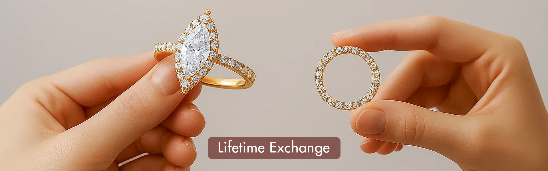 Two hands holding gold and silver rings with 'Lifetime Exchange' text on a neutral background