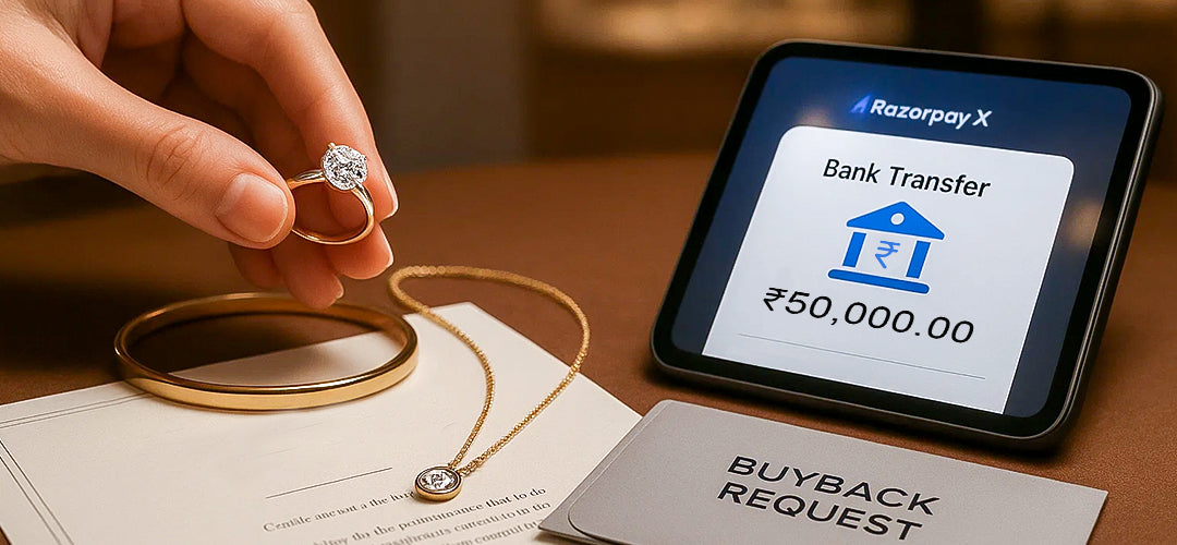 Hand holding a diamond ring with a smartphone displaying a bank transfer amount, on a table.