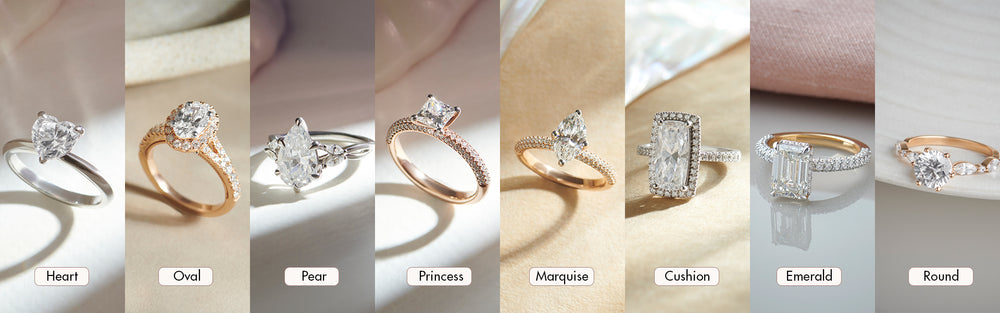 Collection of various diamond ring shapes on a neutral background
