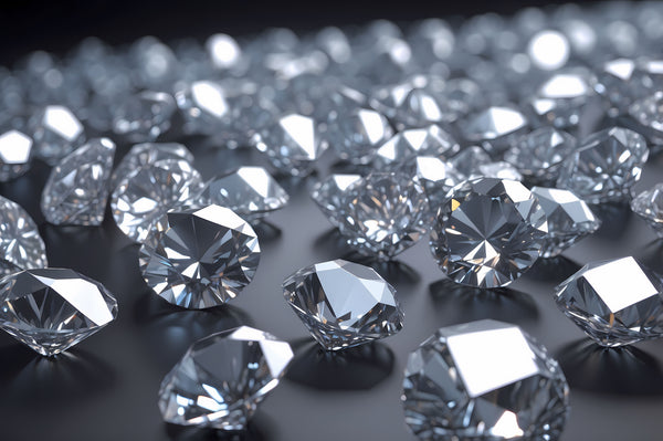 Close-up of multiple diamonds on a reflective surface with a blurred background