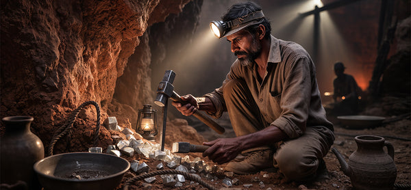 Man working with tools in a dimly lit cave setting