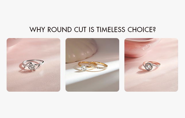 Three diamond rings with different settings on a light pink background, accompanied by text questioning why the round cut is a timeless choice.
