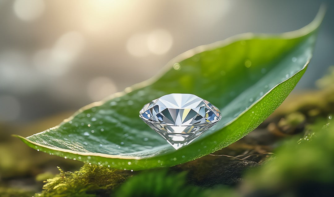 Diamond on a green leaf with a blurred natural background
