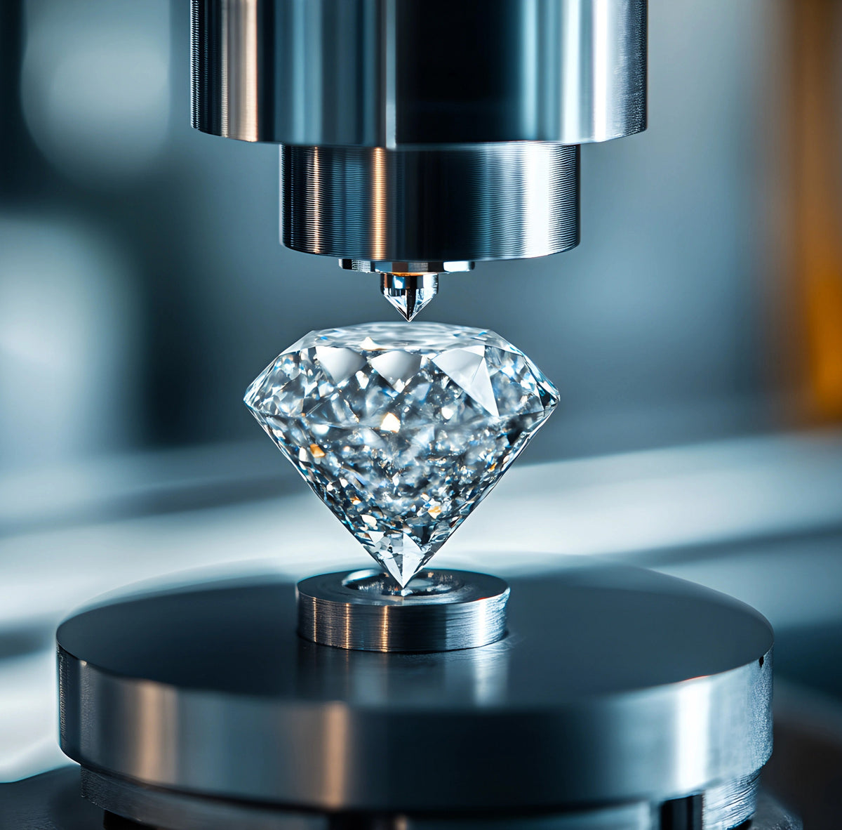 Diamond being examined by a machine with a blurred background