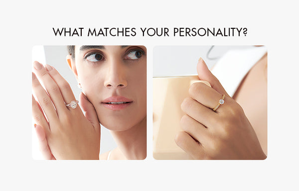 Two images of a woman wearing a ring, with text asking 'What matches your personality?'.