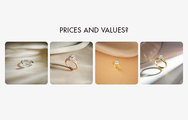 Four diamond rings displayed on a white background with 'PRICES AND VALUES?' text.