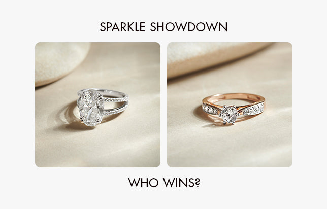 Two diamond rings on a beige background with text 'Sparkle Showdown' and 'Who Wins?'.