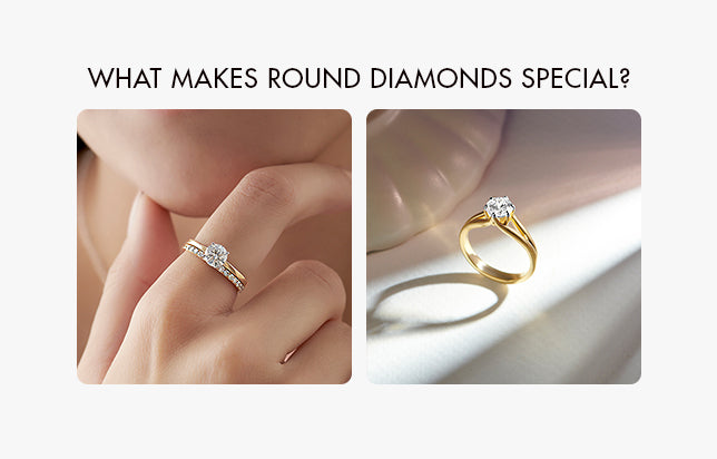 Two images of rings with round diamonds on a white background.